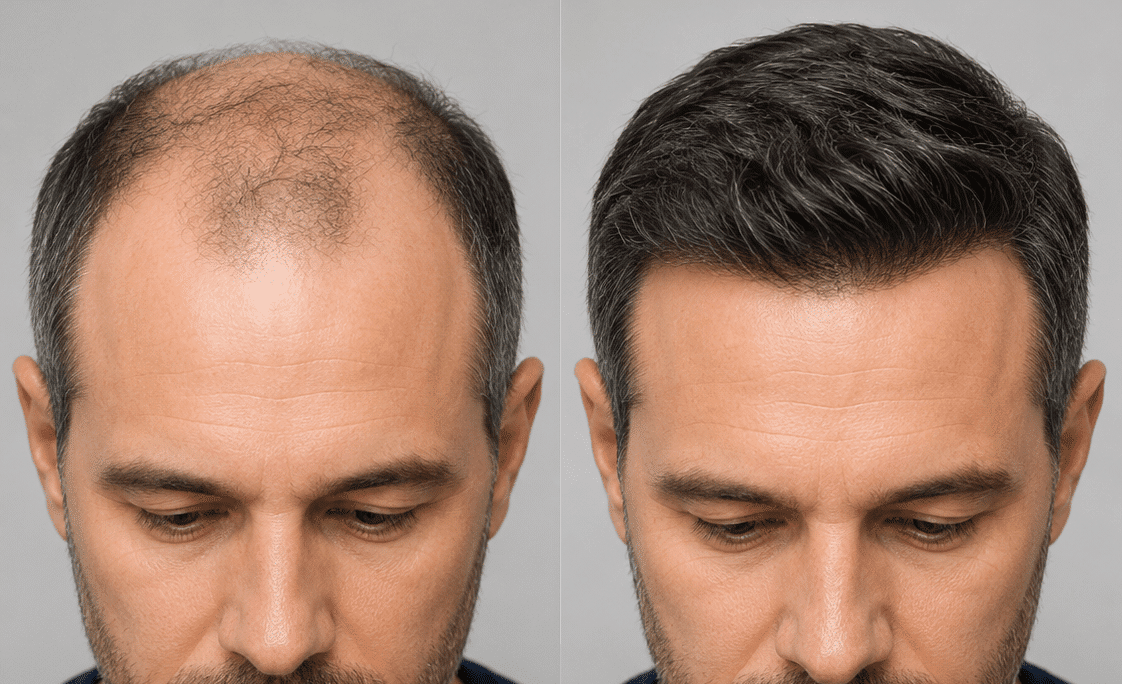 Split image showing a man before and after hair restoration.