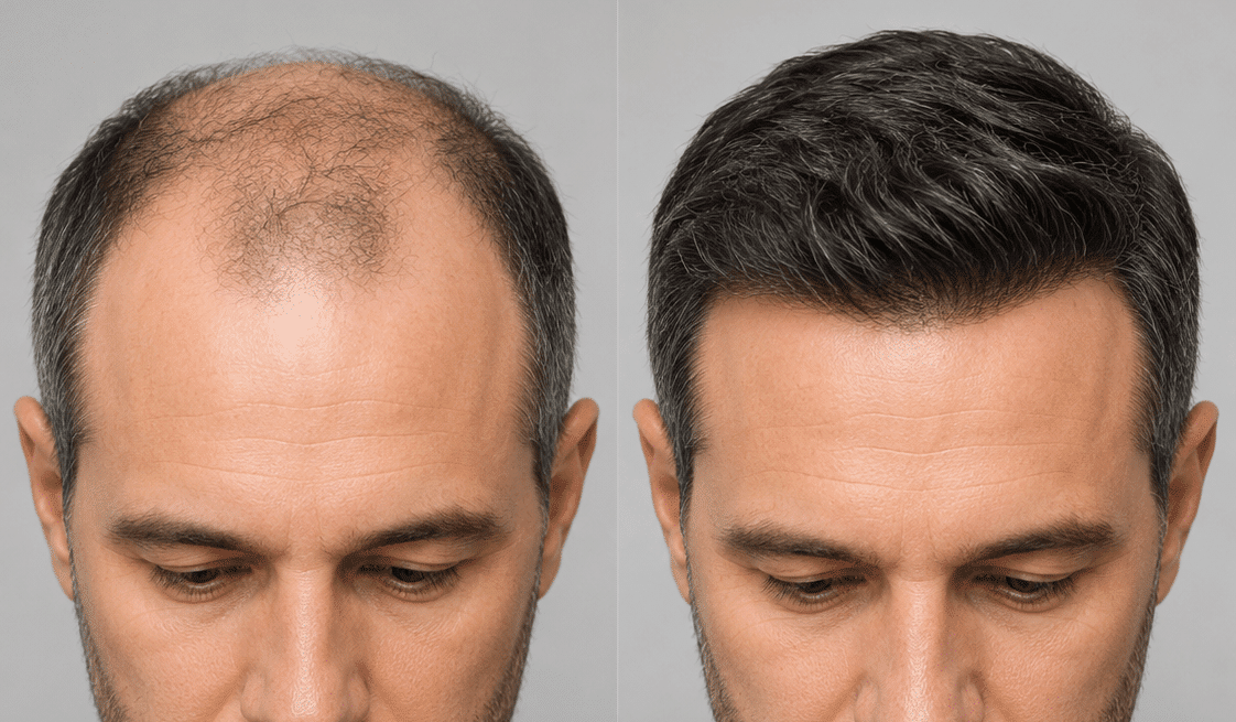Split image showing a man before and after hair restoration.
